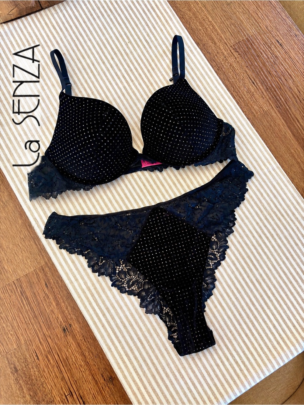 La SENZA Black Lace & Multicolor Sparkling Dot Push-Up Bra and Matching Panty